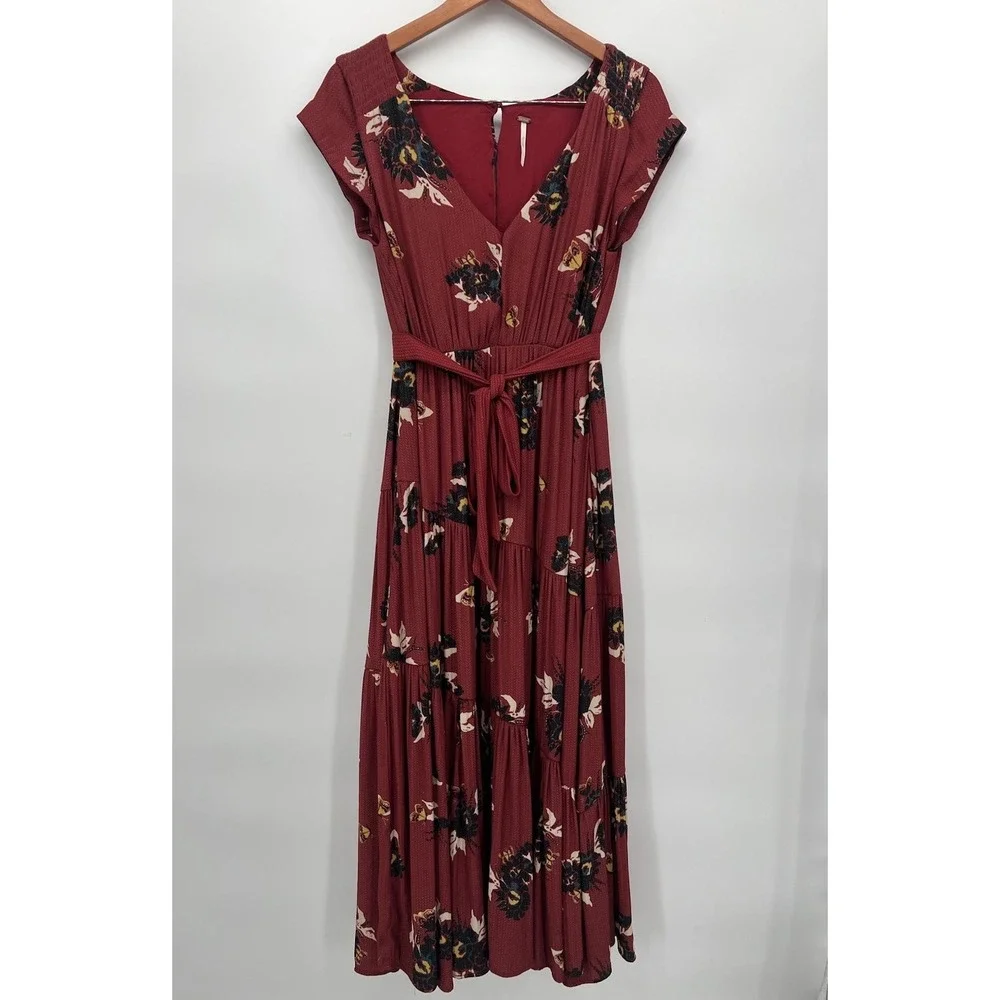 Free People Maxi Dress Women All I‎ Got Tiered Floral Boho Rusted Red Size 6